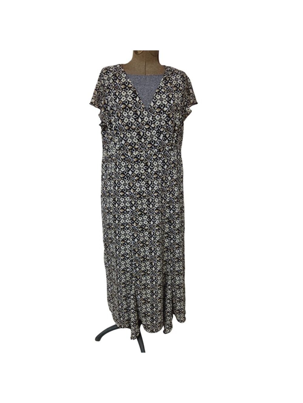 Style & Co Womens Sz 16 Maxi Dress Geometric V Neck Flutter Sleeve Black Gold